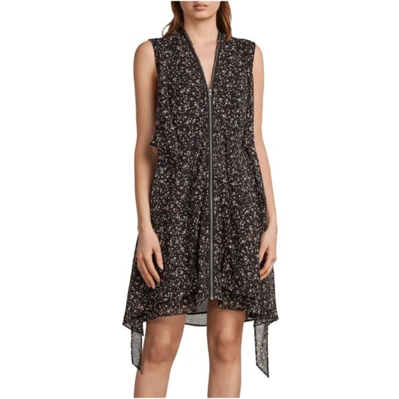 AllSaints Jayda Pepper Floral Zip Front Tie Back Mini Dress Size Medium - Picture 1 of 8